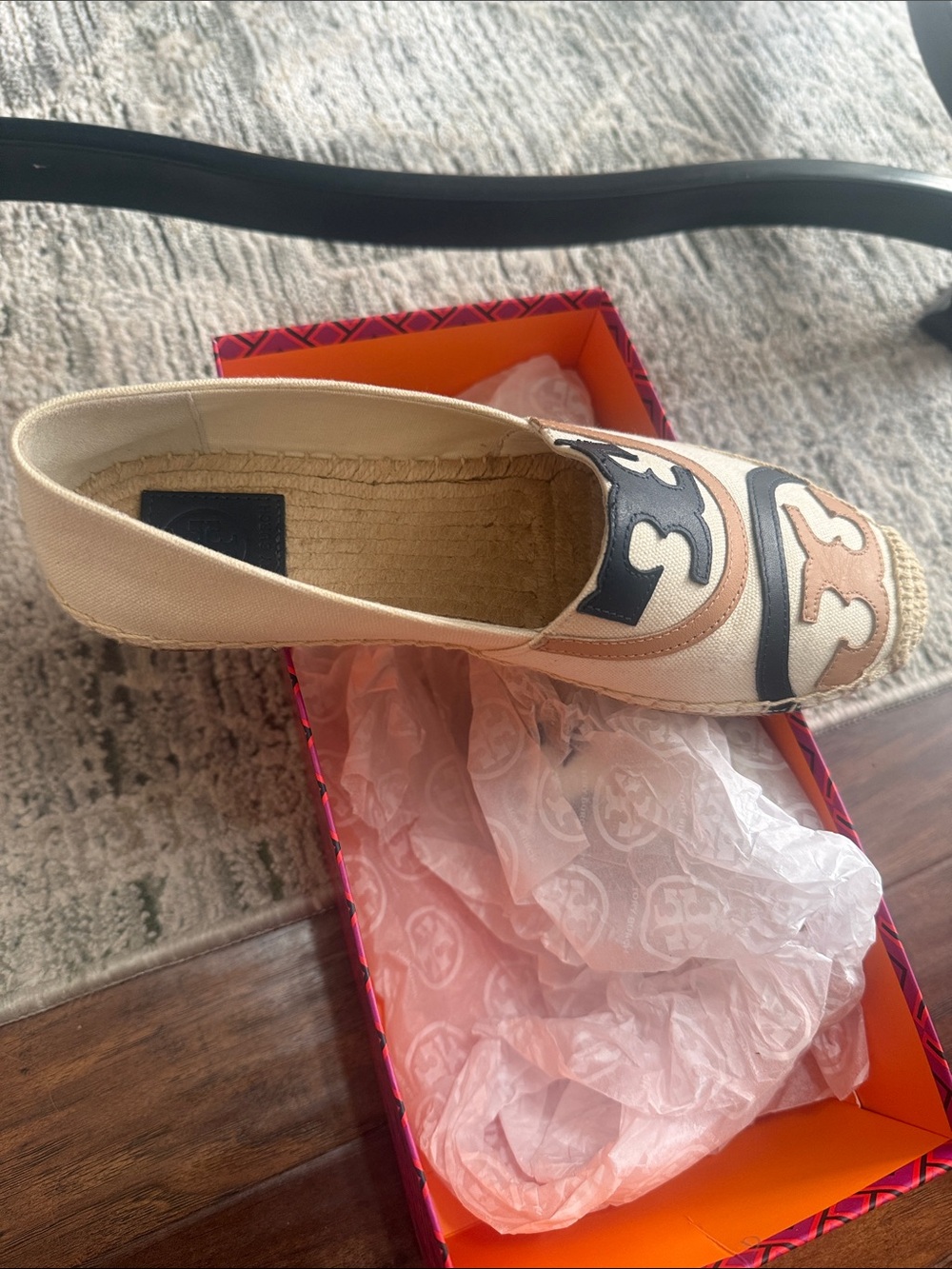 Canvas Espadrille Slip-On with Decorative Leather Appliqué - Cream/Tan/Black
